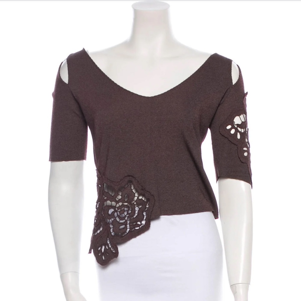 Sexy Roberto Cavalli Dark Brow Stretch Blouse Top with Floral Appliqué S
